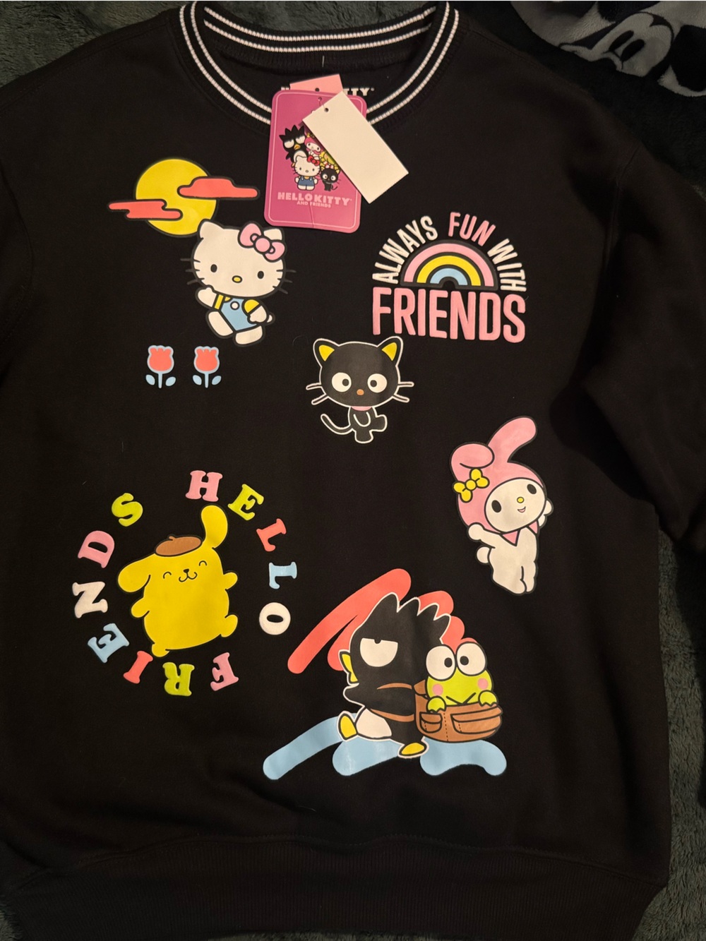 Hello Kitty Black Crewneck Pullover Sweatshirt with Colorful Character Prints